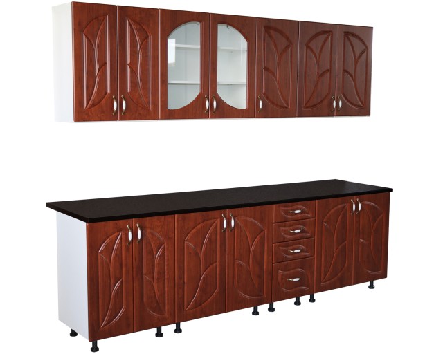 Bucatarie Zebra 260 cm din MDF Cedru frunza cu blat termoizolant negru